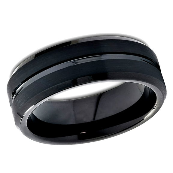 Free Engraving Personalized Custom Engraving Men's Women's Tungsten Wedding Band 8mm Black IP Plated Shiny Grooved Center Brushed Beveled EdgeSZ: 5.5