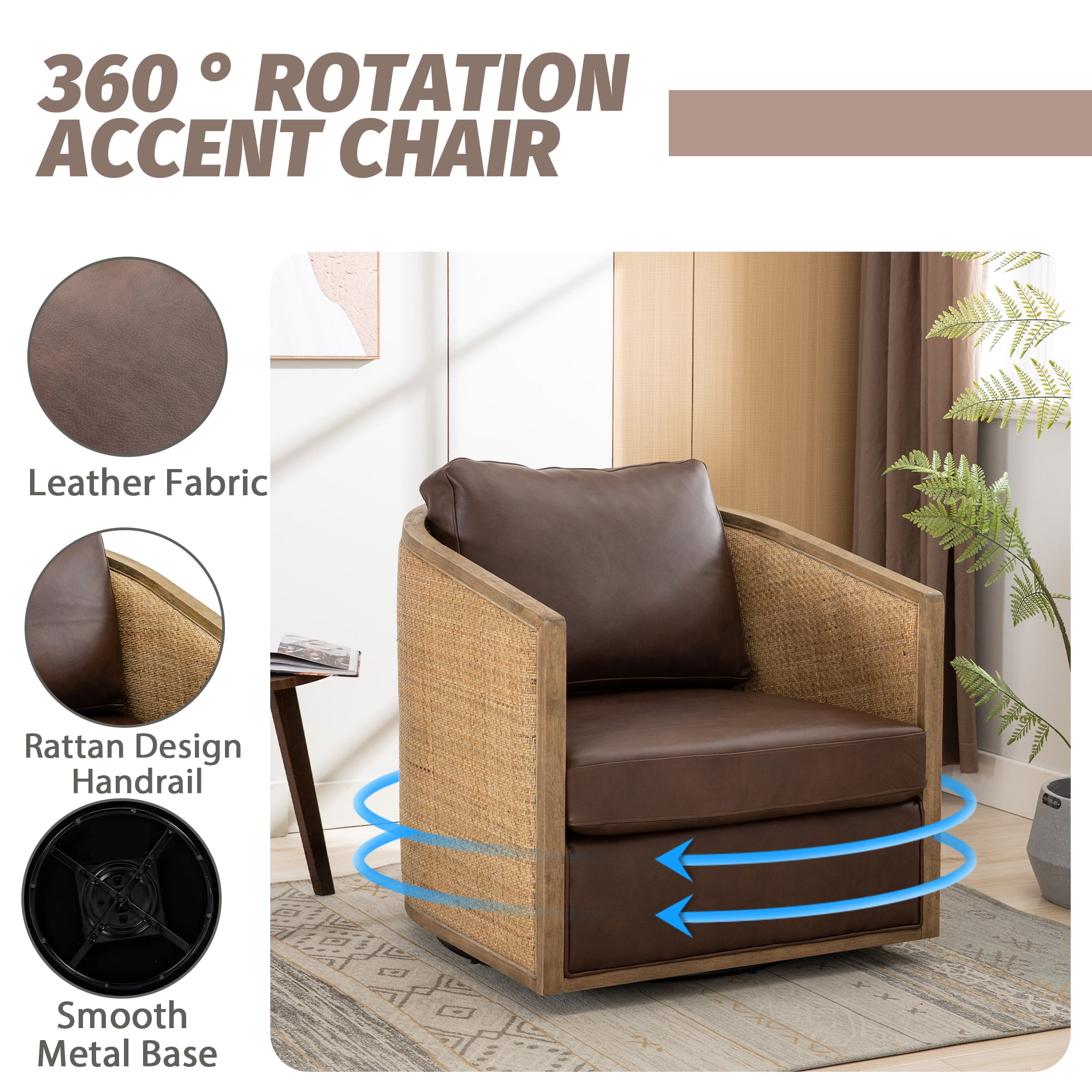 MOONMISS PU Leather Upholstered 360°Swivel Hardwood and Rattan Frame Round Barrel Chair-Brown