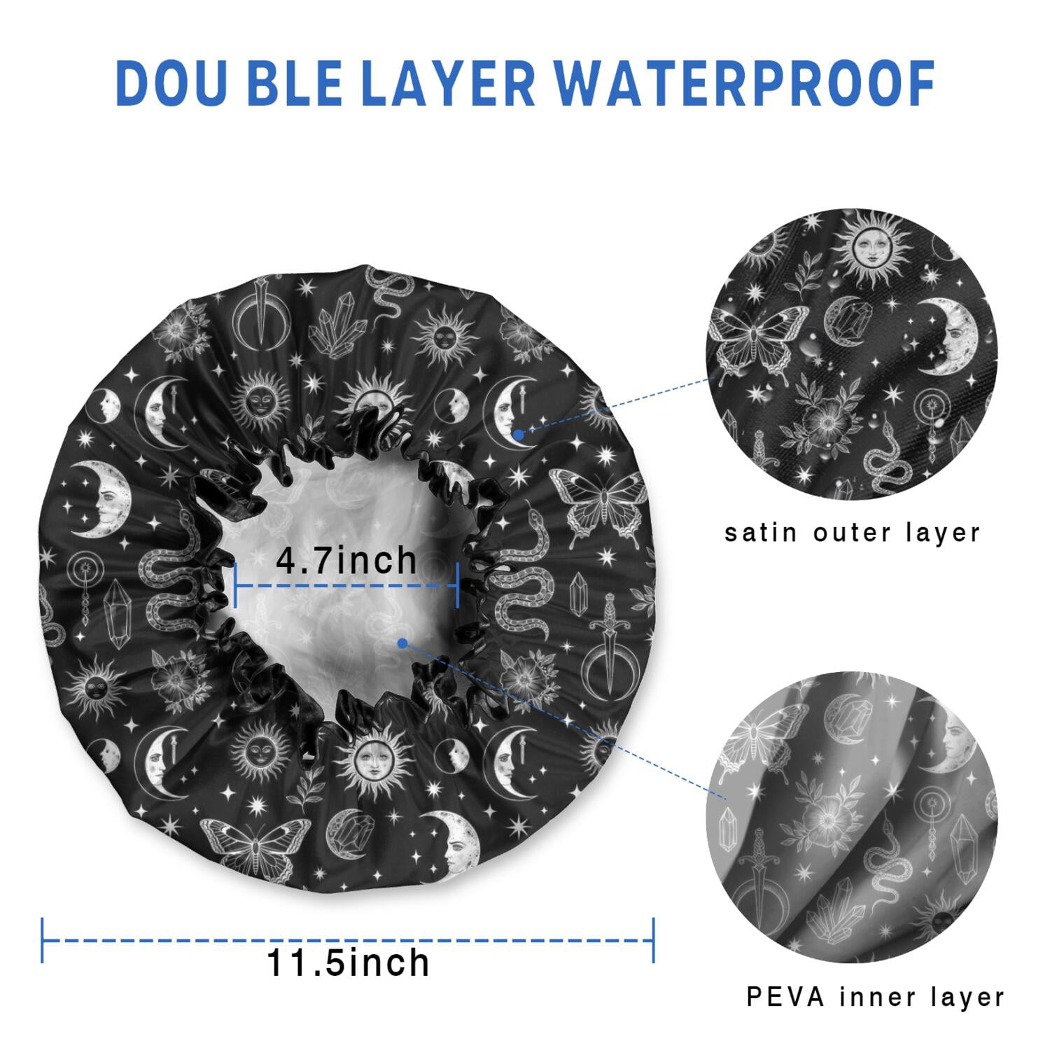 Shower Caps,Black White Sun Moon Snake Butterfly Pattern Waterproof Shower Cap for Women 4 Pieces,Double Reusable Hair Cover for Shower PEVA Elastic Stretch Hem