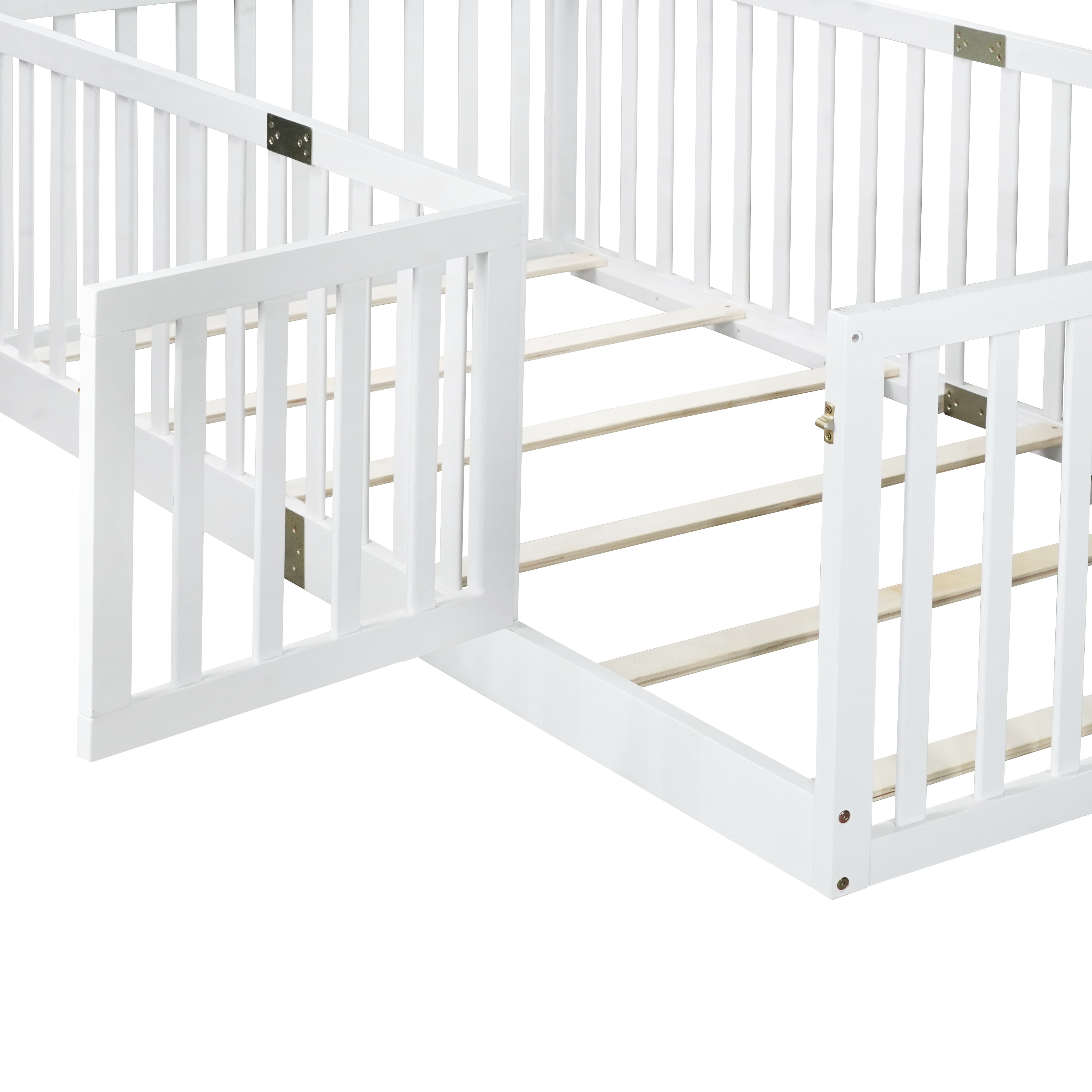 Sesslife Twin Size Floor Bed with High Fence & Door, Wood Twin Bed Frame with Salts and 21.5” Safety Guardrails, Twin Floor Bed for Boys Girls, No Box Spring Needed, White