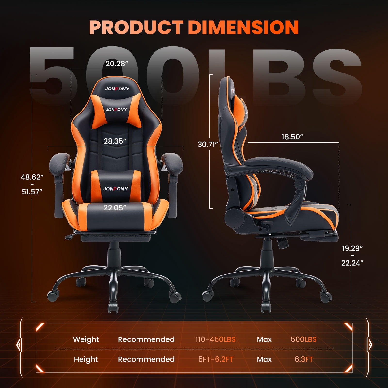 JONPONY Big and Tall 500LBS Gaming Chair, Ergonomic High Back Gamer Chair with Footrest Lumbar Support, PU Leather Office Computer Chair for Long Sitting, Orange