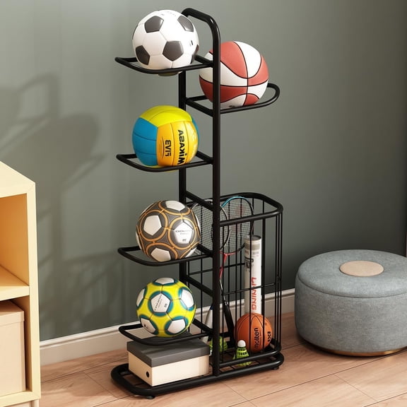 Ball Storage Basketball Rack, 45.7 inches Organizer Sports Equipment Garage Stand for Football Volleyball Soccer, Black