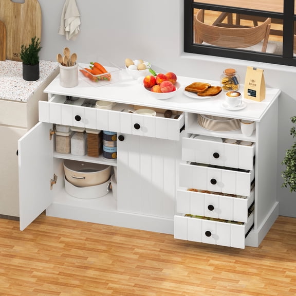 Katalora White Fluted Storage Cabinet with 5 Drawers, 2 Doors and Open Shelf, Modern Accent Cabinet for Living Room, Home Office and Entryway