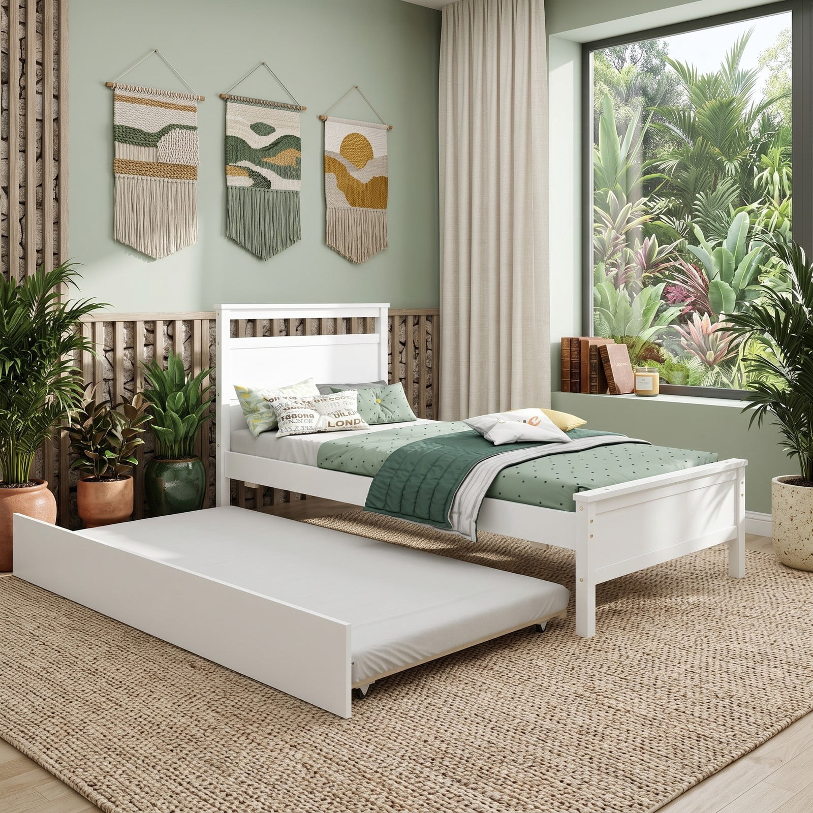 Furnibear Twin Bed Frame Wood Platform Bed with Roll-Out Trundle and Plank Headboard for Kids and Guest Bedroom, White