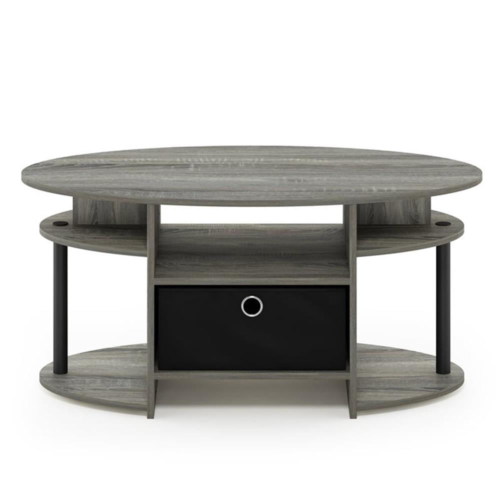 Furinno JAYA Simple Design Oval Coffee Table with Bin, French Oak Grey/Black