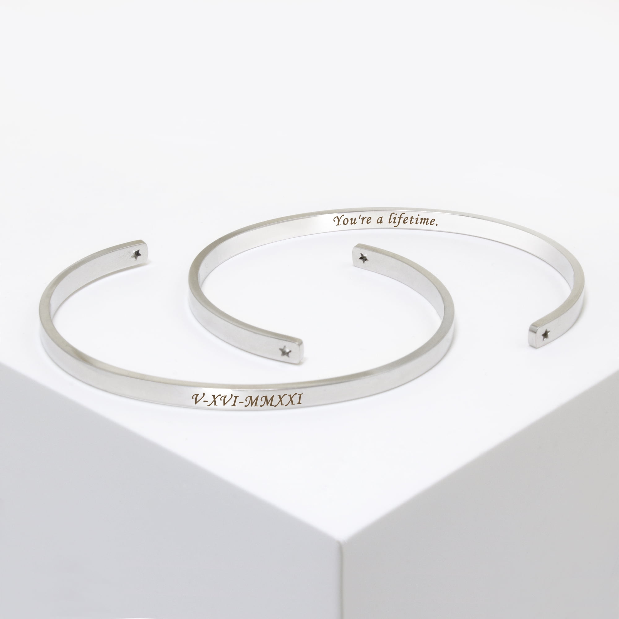 Personalized Silver Stainless Steel Stretchable Cuff Bangle Bracelet - Laser Engraved Dainty Bracelet - Non Tarnish - Stackable Bracelet - Gift for Her Gift Set