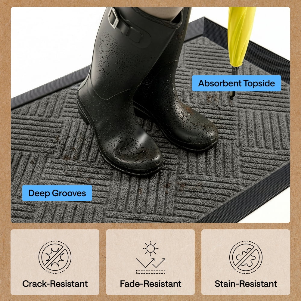 GORILLA GRIP Outside Doormat, WeatherMax Waterproof Indoor Outdoor Door Mat, 29x17 Gray Diamond