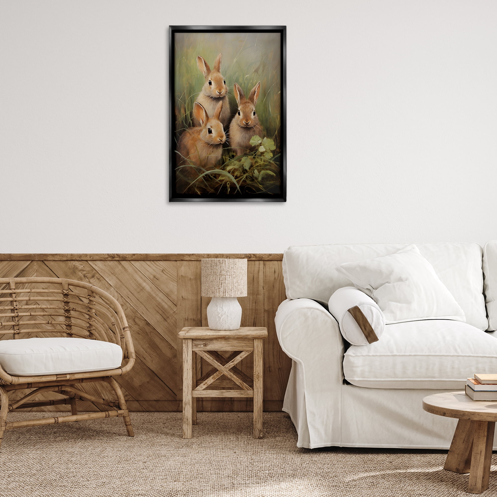 Stupell Industries Baby Bunny Trio Animals & Insects Painting Black Floater Framed Canvas Art Print Wall Art, 21 x 31