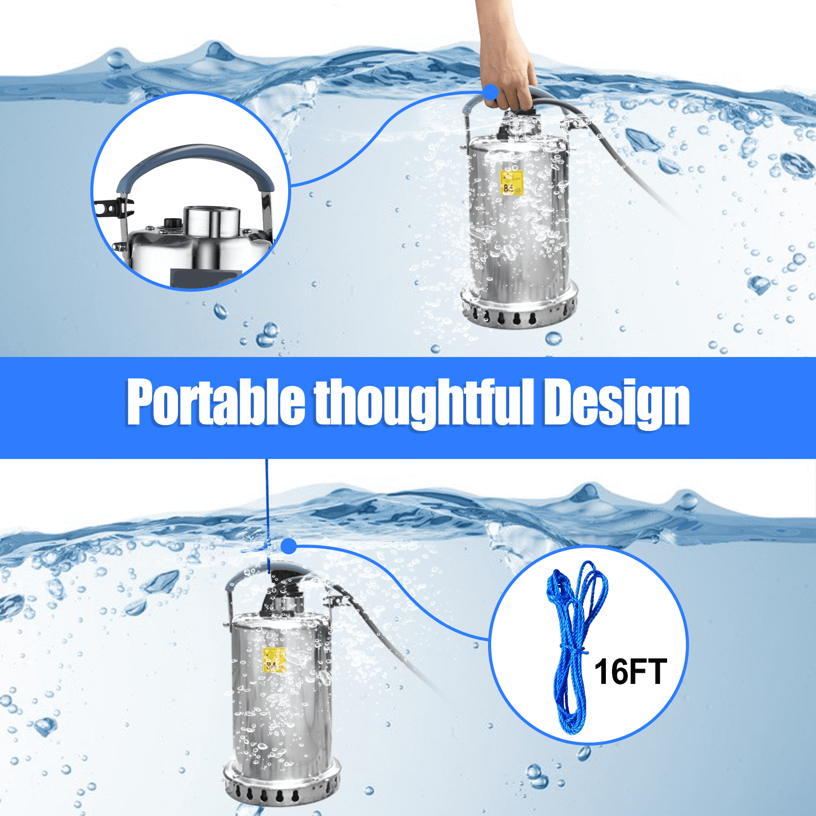 Sump Pump Submersible Water Pump 1.2HP 4500GPH Stainless Steel Portable Water Transfer Pump Electric for Pool Draining Hot Tub Basement Utility Pumps