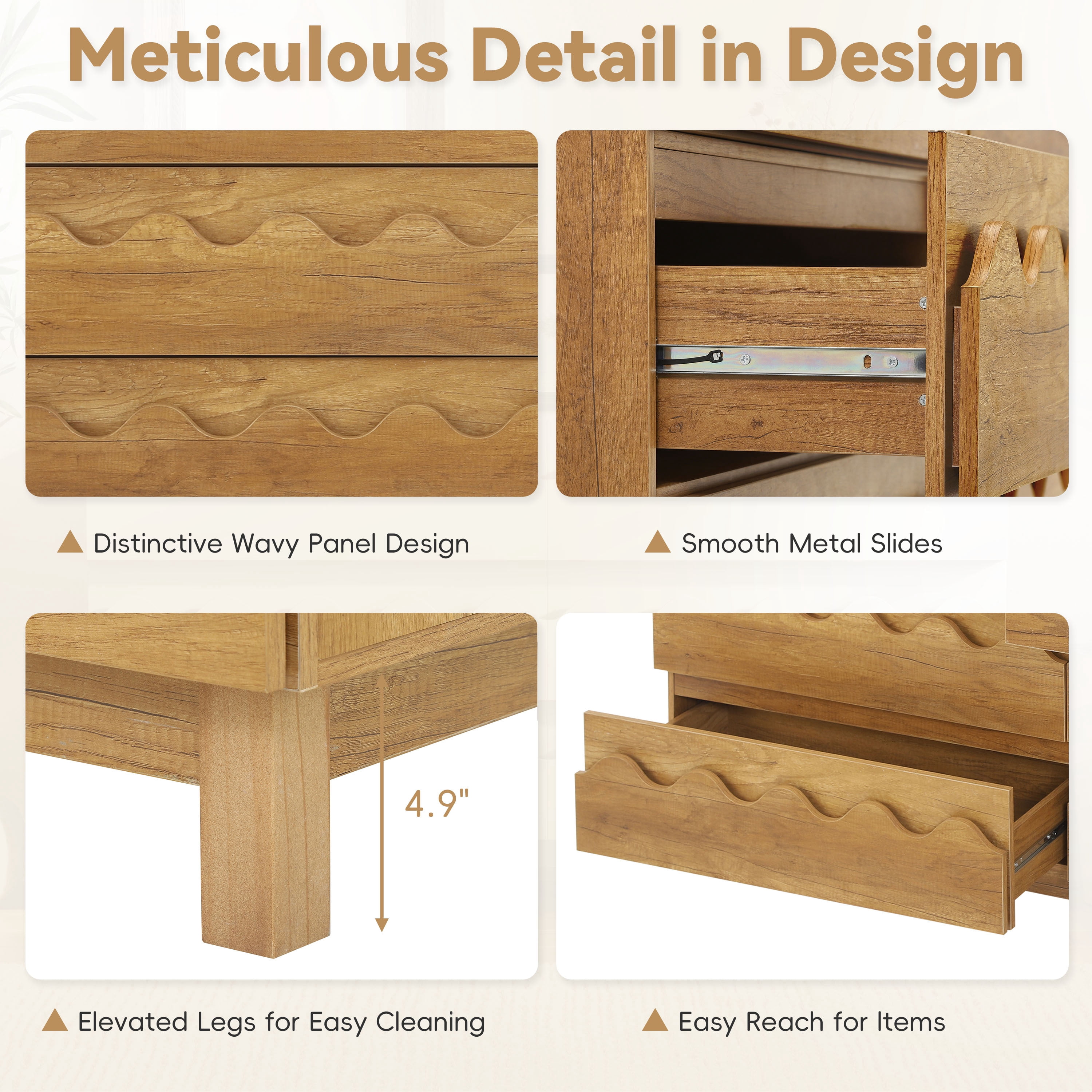 Alvantor 6 Drawer Dresser, 60" Wide Wooden Chest of Drawers, Fluted Dresser for Bedroom Oak