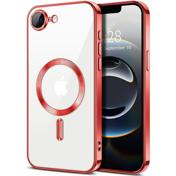 Electroplated Clear MagSafe Case with Camera Lens Protector for iPhone 16e - Red