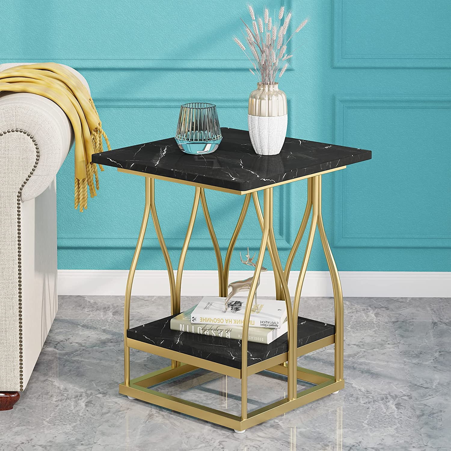 Tribesigns Faux Marble Side Table for Living Room, Square End Table with 2 Tier Storage Shelf