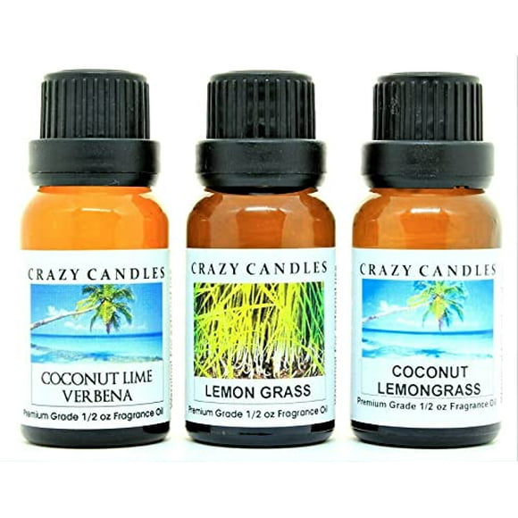 Crazy Candles Ensemble de 3 Bouteilles 1 Noix de Coco Citronnelle, 1 Noix de Coco Lime Verveine, 1 Herbe Citronnée 1/2 Fl Oz Chacune (15 ml) Huiles Parfumées de Qualité Supérieure