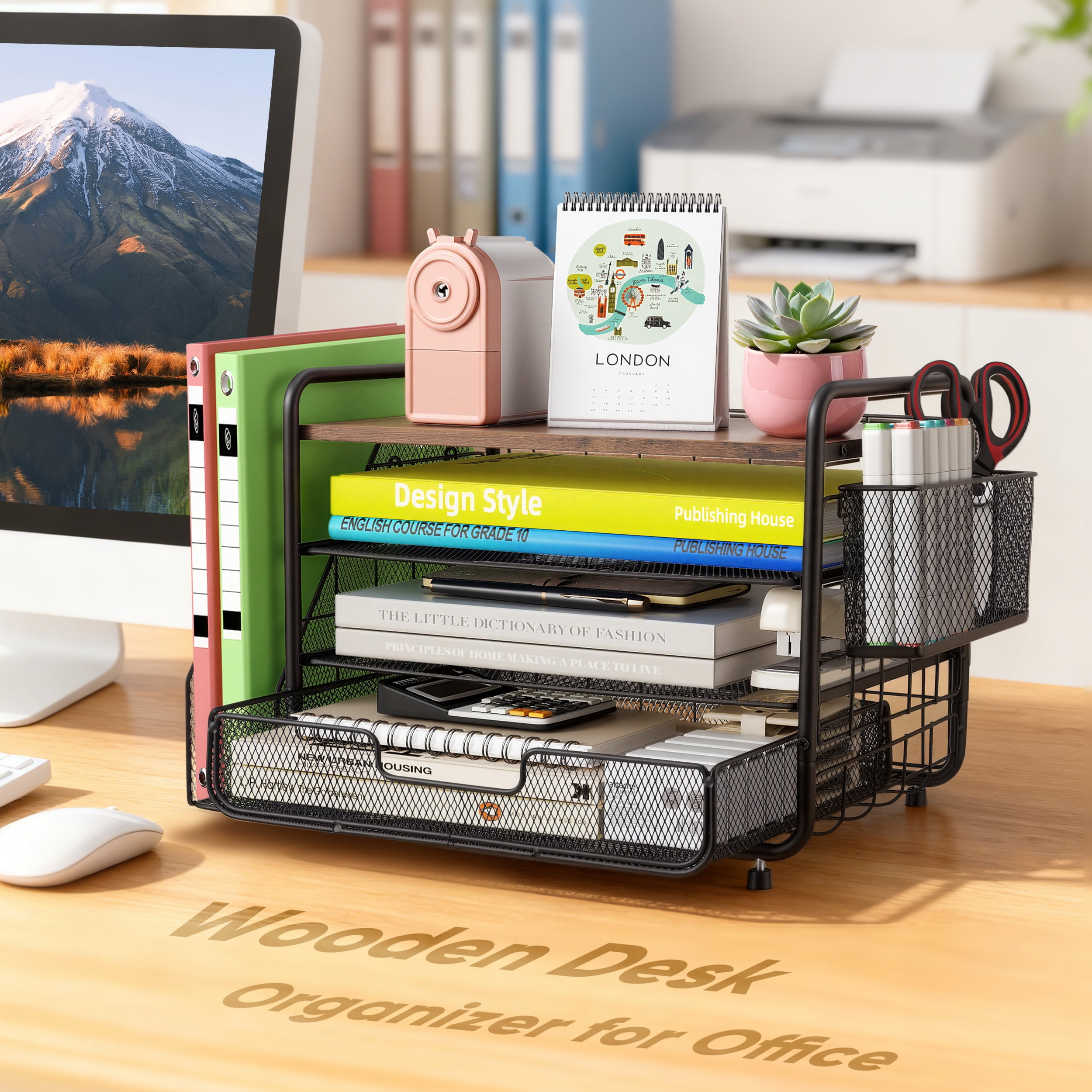 YTAKY Desktop Organizer, 4-Tier Metal Desktop File Organizer with Drawer and Pen Holder,Office Supplies