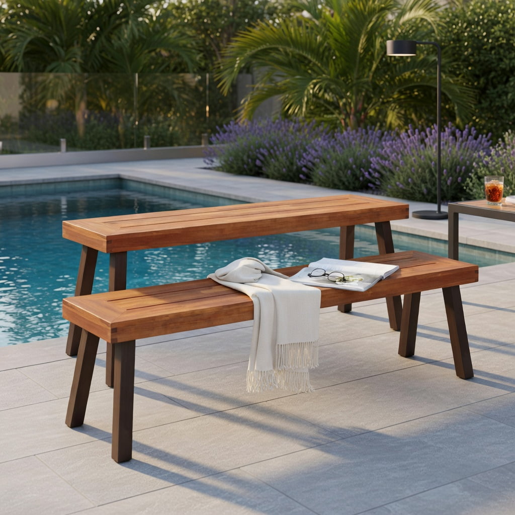 Hommoo 2-Pack Outdoor Acacia Wood Dining Benches for Patio, Rust-Resistant Steel Frame, Brown