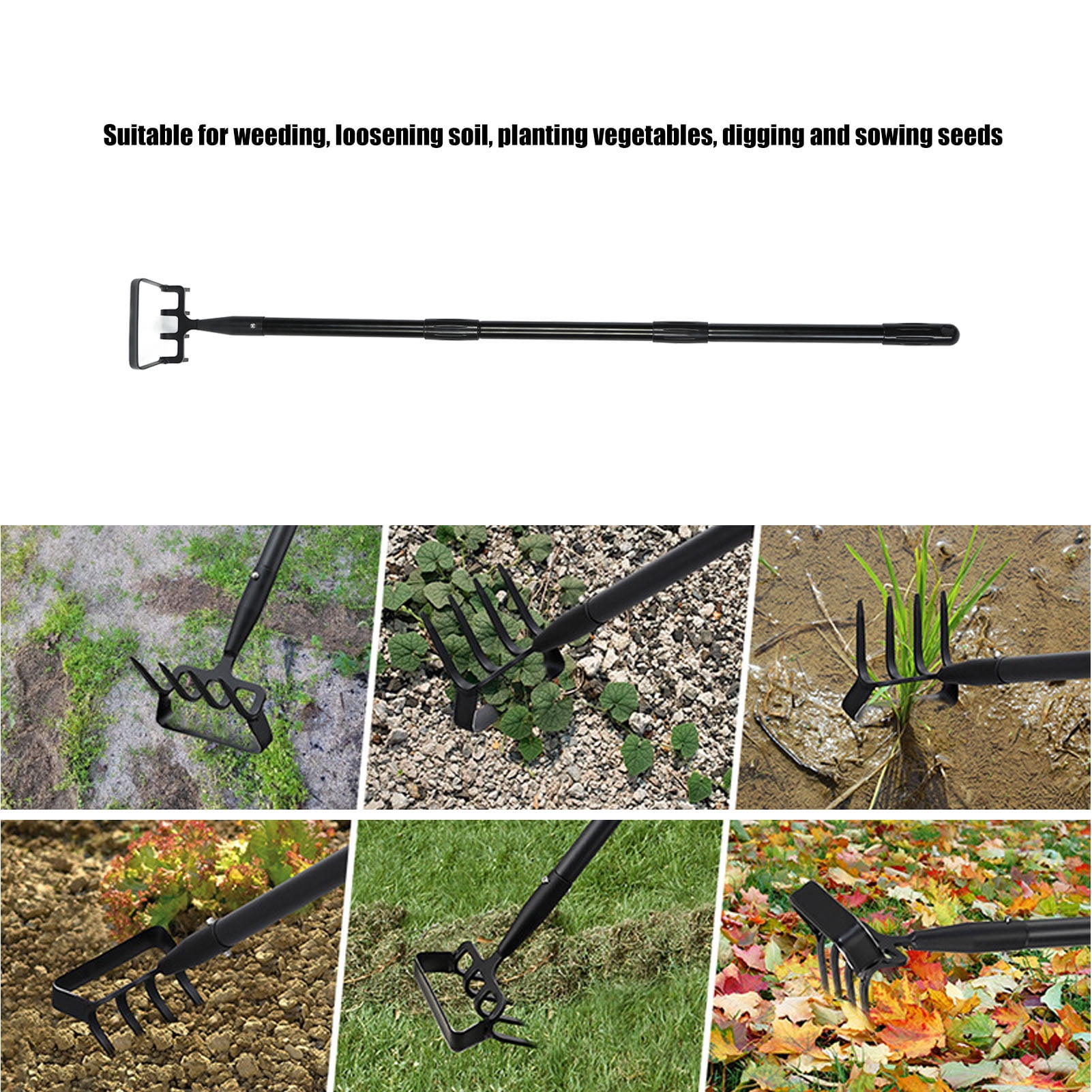 Rupoun Professional Weeding Rake with 3-Section Adjustable Stainless Steel Handle, Ergonomic Hand Rake Garden Tool for Cultivating and Loosening Soil (54 inches / 137 cm)