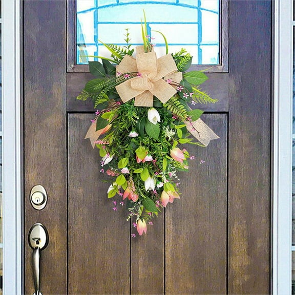 20x12 Inch Spring Wreaths for Front Door Clearance, Greenery Summer Wreath, Tulips Hanging Upside Down Tree Wreath Simulation Flower Romantic Wedding Scene Decoration Showcase Window Decorations