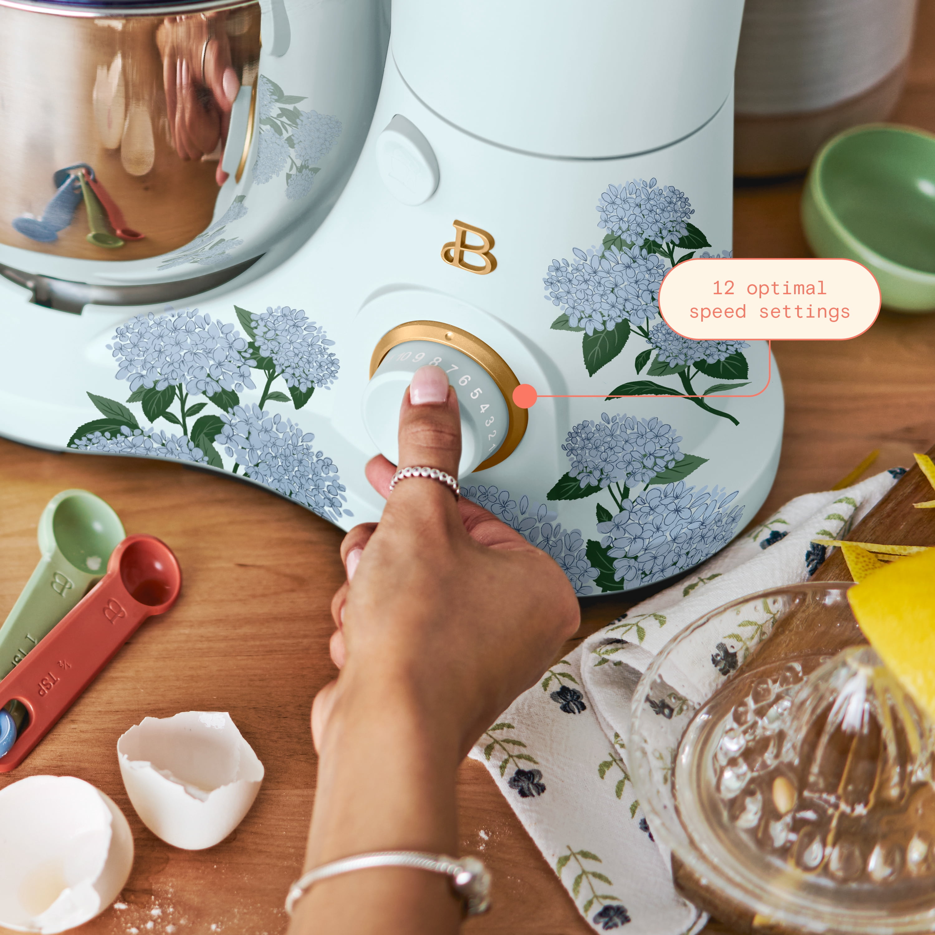 Beautiful 3.5 Qt Tilt-Head Stand Mixer with Flat Beater, Dough Hook & Balloon Whisk, Hydrangea Floral by Drew Barrymore