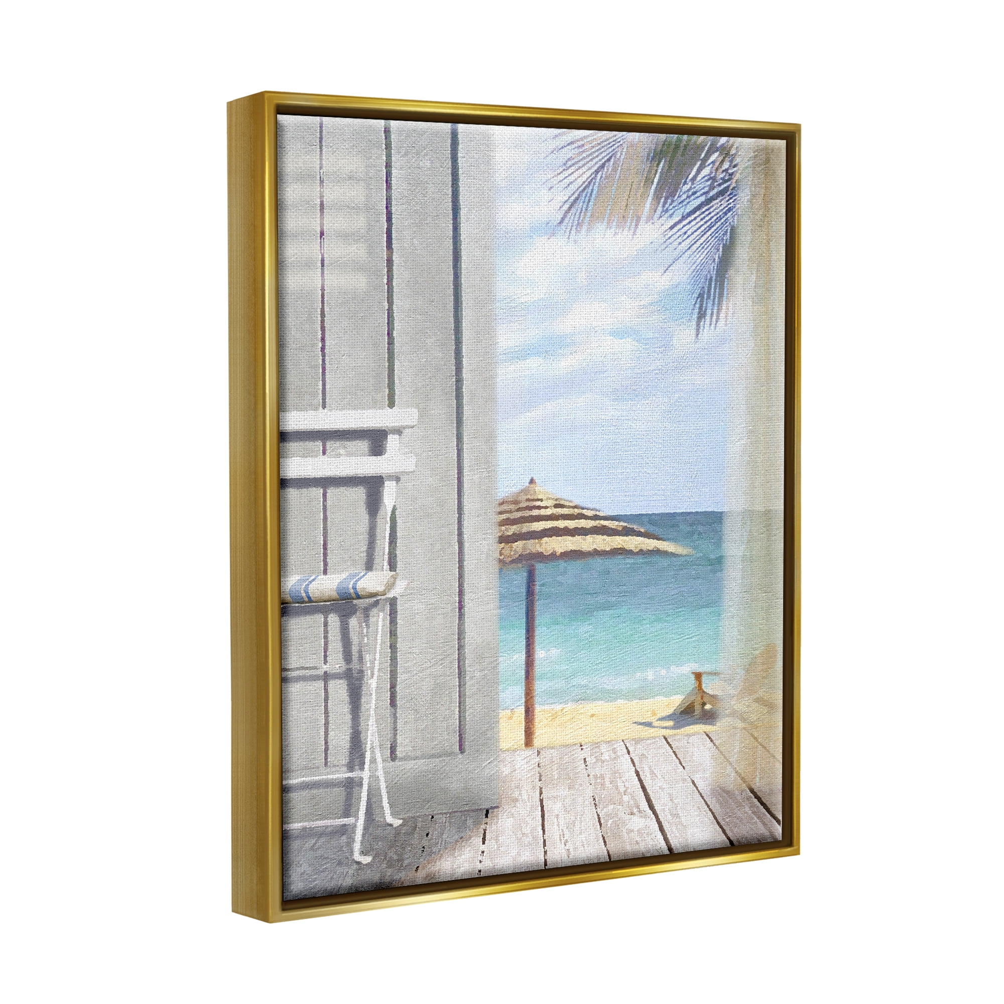 Stupell Industries Coastal Villa Porch Beach View Coastal Painting Gold Floater Framed Art Print Wall Art