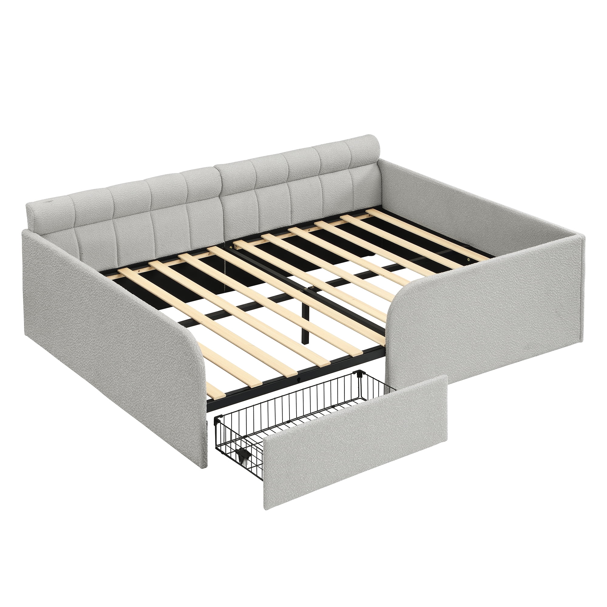 Howcool Full Size Upholstered Bouclé Daybed with Mesh Storage Drawer,Montessori Floor Bed for Kids Room,Guest Space,Gray