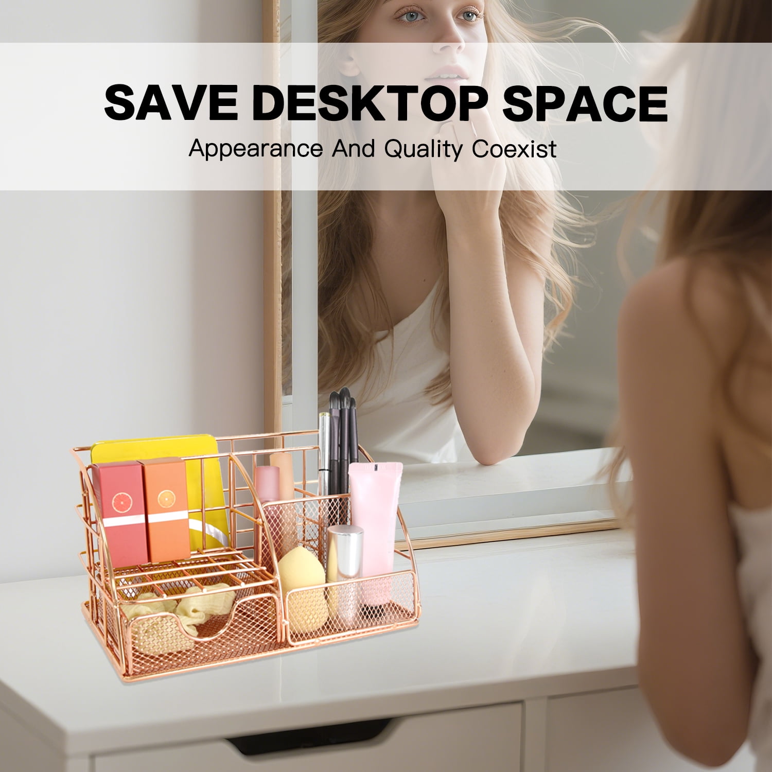 Rose Gold Desktop Organizer - Metal File Holder & Office Supply Rack - Multifunctional Storage for Stationery, Mail, Cosmetics - Compact Design for Home Office & Workspace