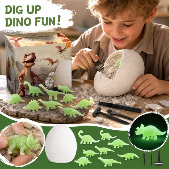 Dinosaur Eggs Excavation Dig Kit, Glow in The Dark Mini Dinosaur Figures Blind Box Set, Hobby Archeology Activity Toys for Student Boys and Girls, Birthday Gift for Toddlers Age 3