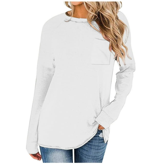 Timegard Womens Tops Crewneck Long Sleeve Drop Shoulder Basic Tee Fall Casual Loose Tops with Pocket