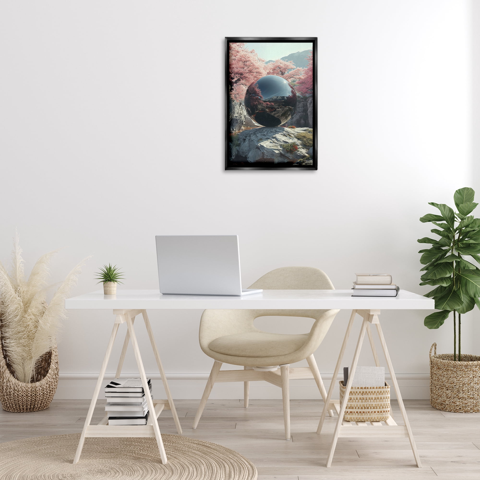 Stupell Industries Surreal Reflective Ball Landscape Painting Black Floater Framed Art Print Wall Art, 17 x 25