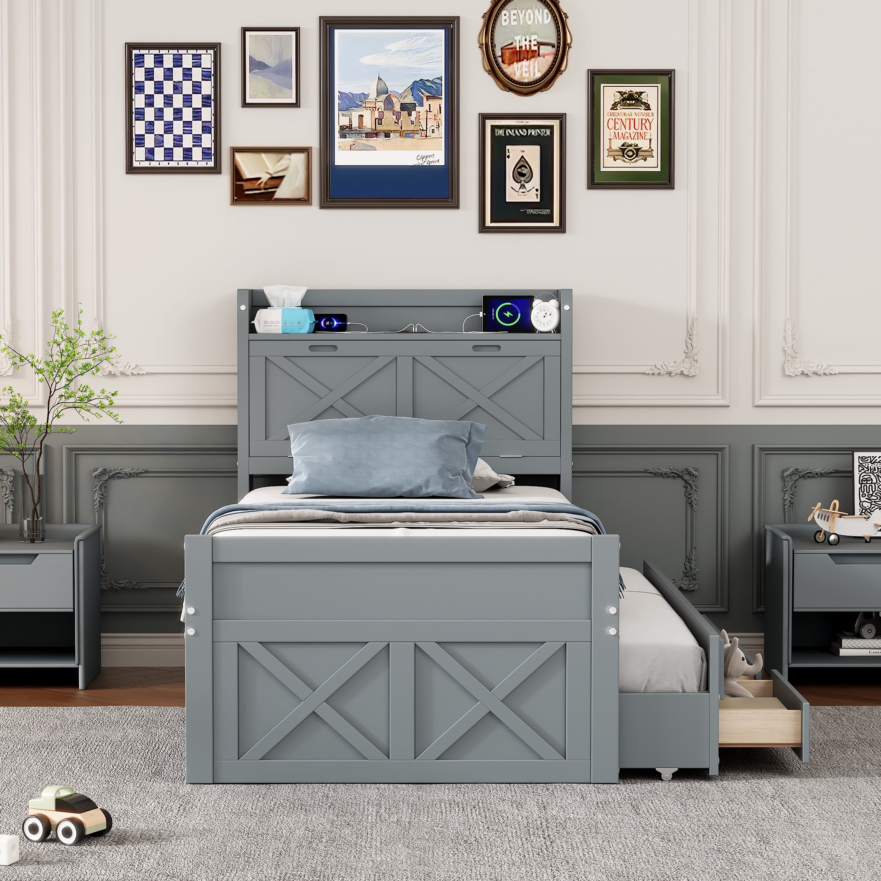 Mintazer Farmhouse Twin Bed with Trundle & 3 Drawers, Extendable Platform Bed with Headboard Storage & Charging Station for Bedroom, Gray
