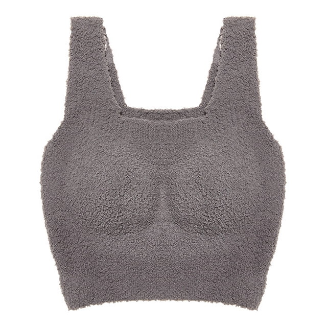 Chaleco térmico corto y mullido de felpa para mujer, camiseta sin mangas corta, con almohadilla para sujetador, invierno