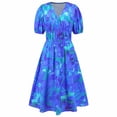 thumbnail image 4 of Rciityk Blue Women's Summer Short Sleeve V-Neck Flower Print Waisted Mid-Calf Dress Beach Dresses for Women 2024 Vacation, 4 of 6
