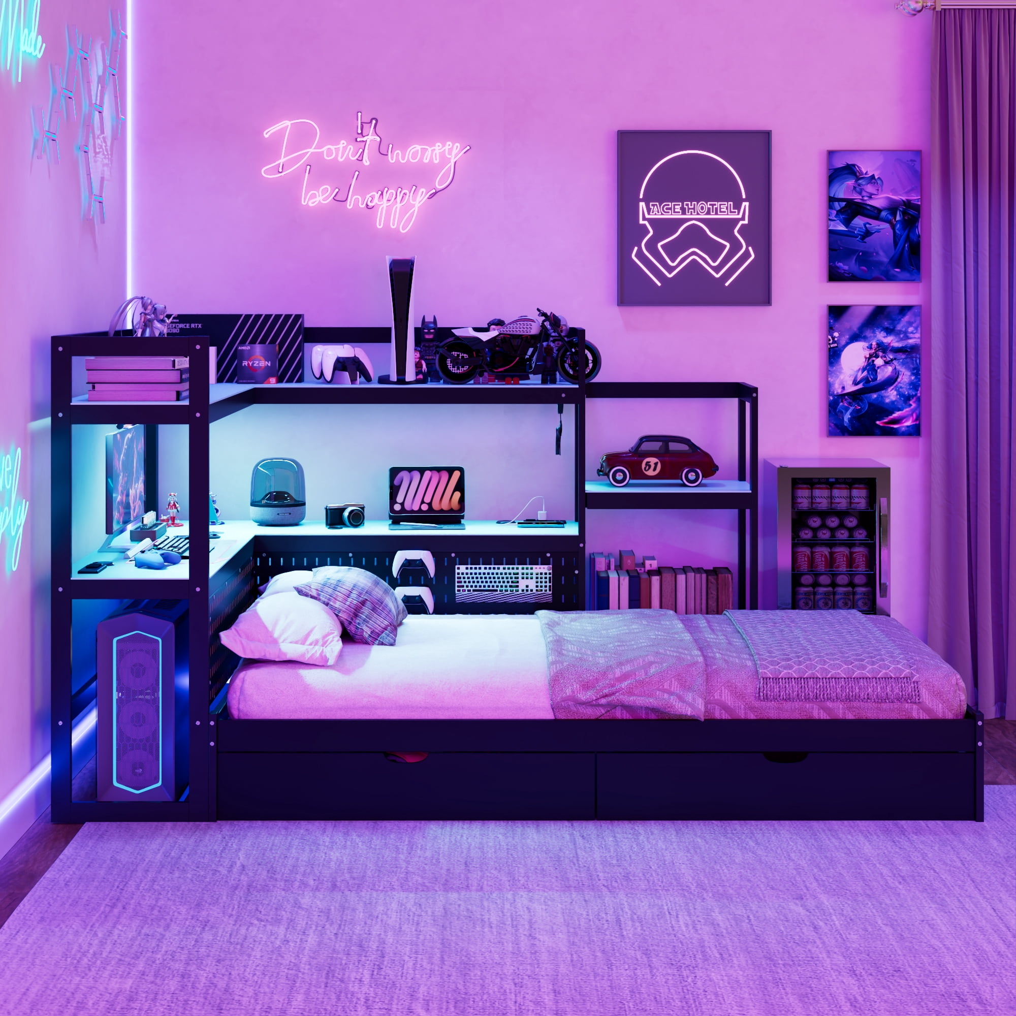 Mintazer Twin LED Gaming Daybed Storage Platform Bed with Charging Station & Integrated Desk Bookshelves and 3 Drawers for Kids Teens, Black & Blue