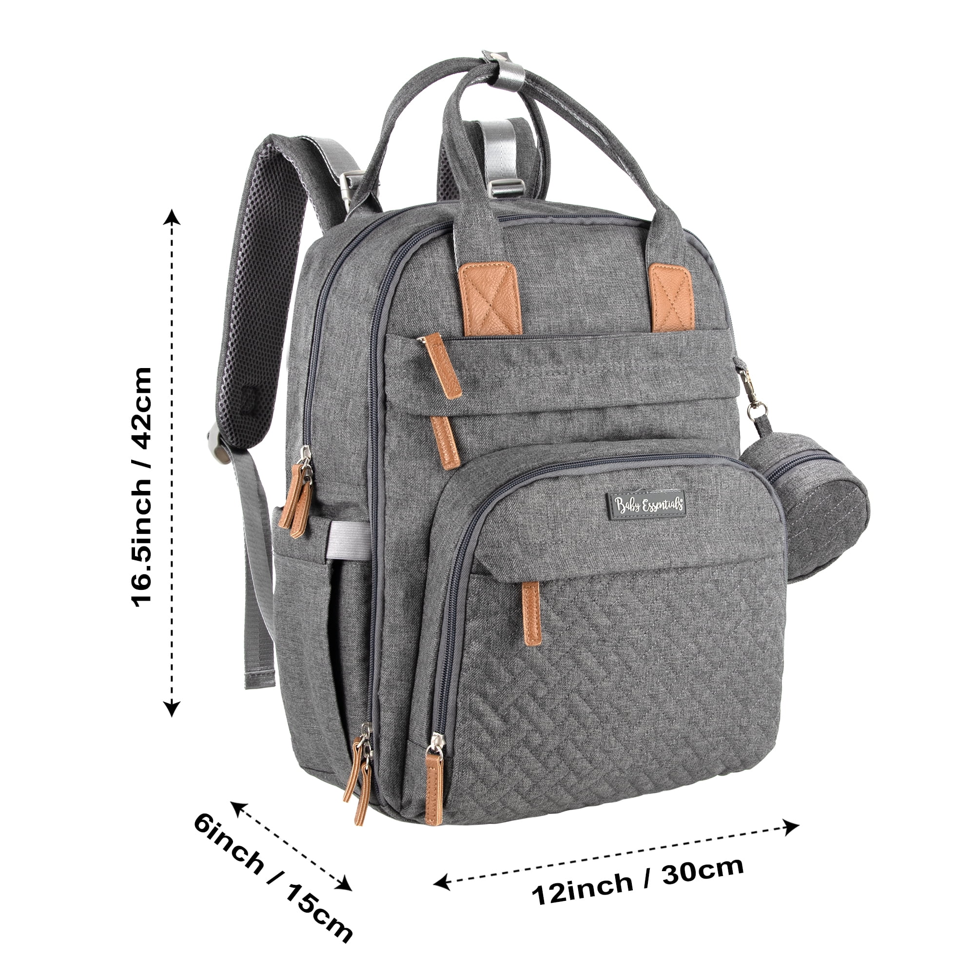 Baby Essentials Quilted 17 Pocket Diaper Bag Backpack Tote with Matching 6-Ply Changing Pad, Feeding Bottle Pockets, Stroller Straps & Pacifier Pouch in Heather Grey