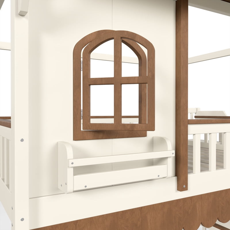 Full-Over-Full Wood Storage Bed Frame with Staircase & Small Bookshelf, Kids House Bunk Bed with Window, Eave & Door