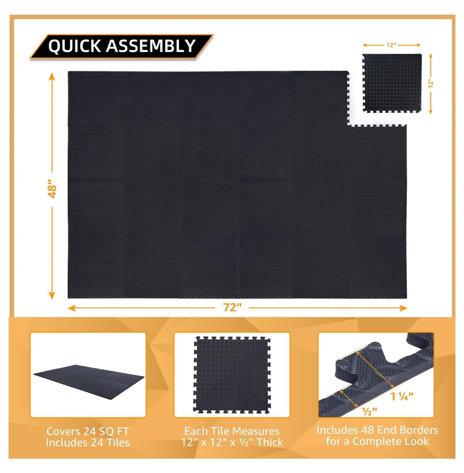 24 Pack - 1/2" Extra Thick Floor for Home Gym Floor Padding for Kids - High-Density Interlocking Foam Floor Tiles for Gym Equipment, Play Area, Yoga, Cardio, Weights, MMA Black 12" x 12"