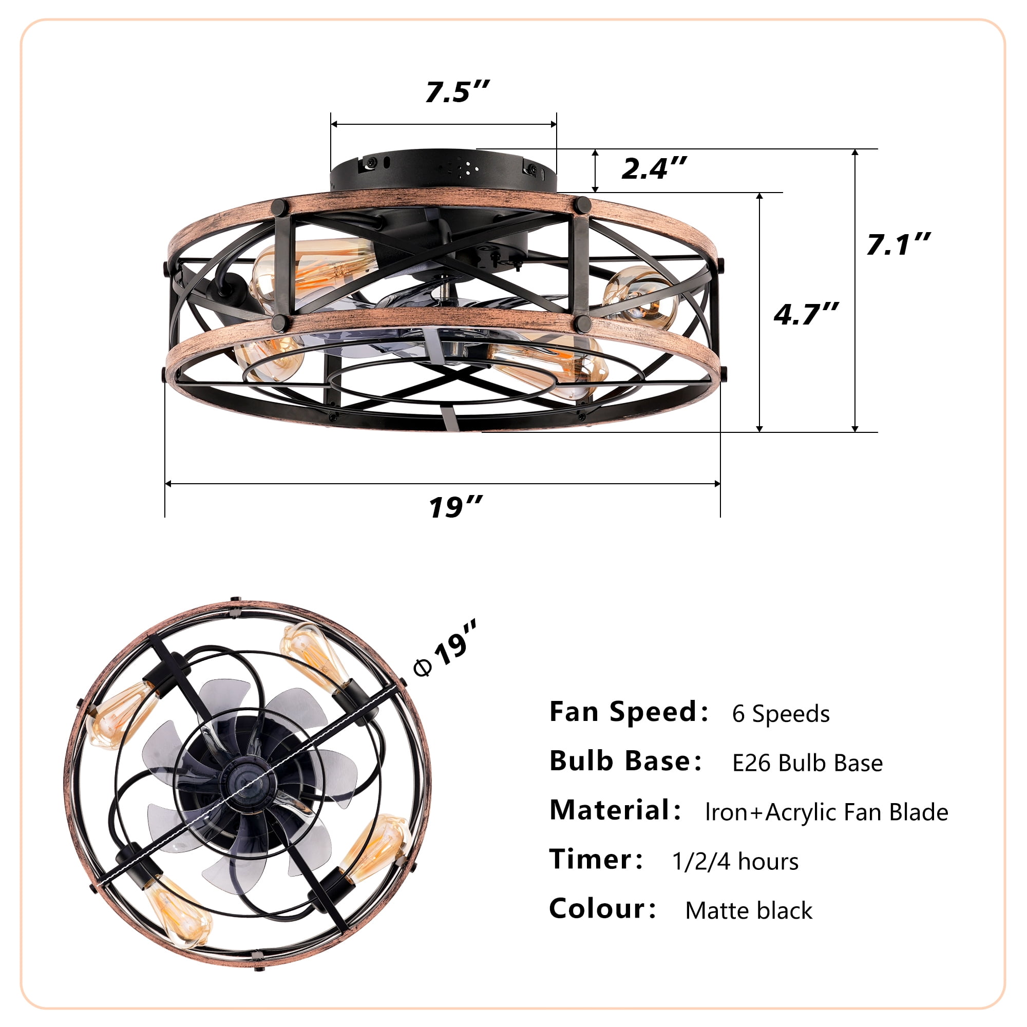 Leumius 19" Black Flush Mount Ceiling Fan with Light, Reversible Motor and DC Remote Control,6 Speed Ceiling Fan,Timing for Living Room Bedroom Dining Room(NOT Included Bulbs)
