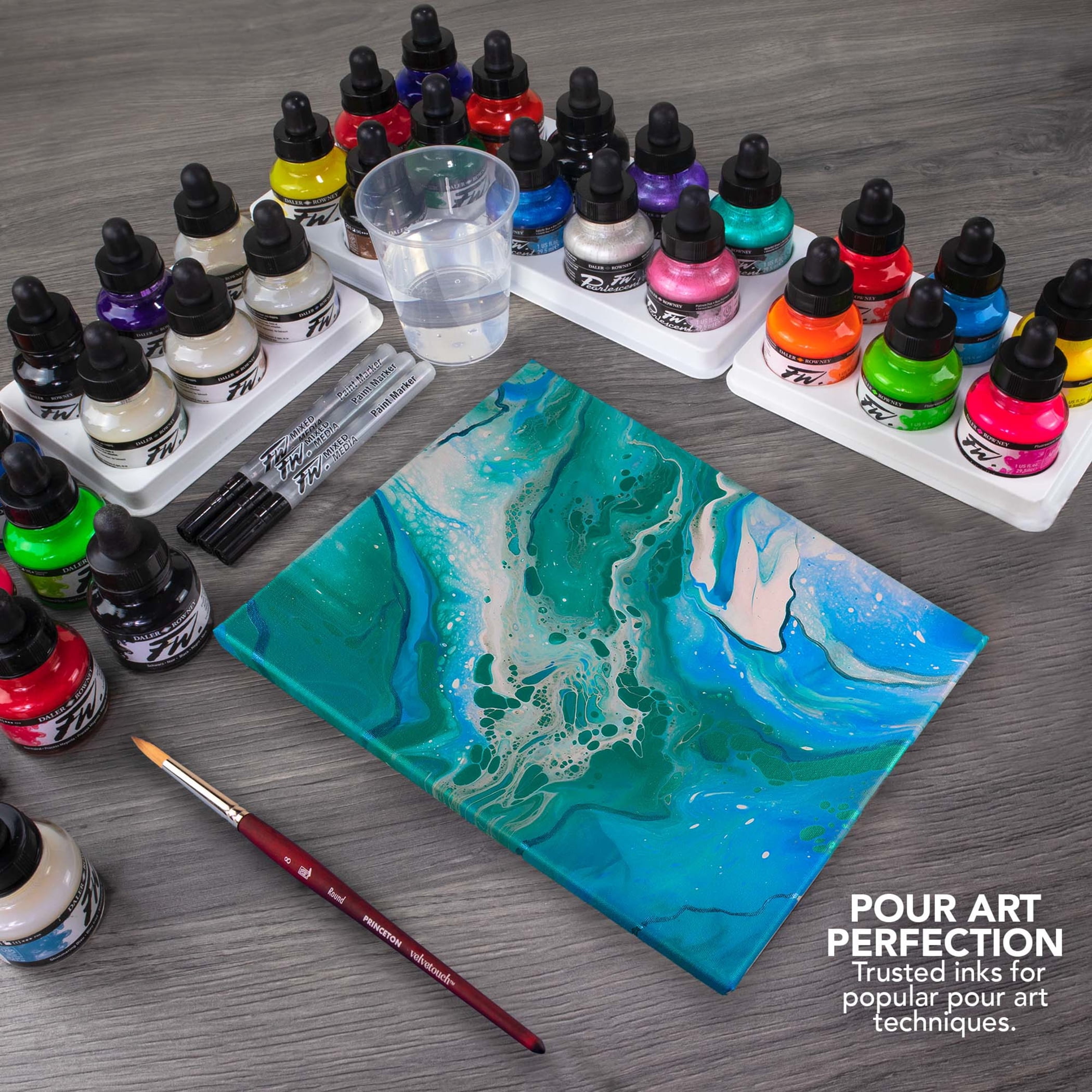 Daler-Rowney FW Acrylic Ink Shimmering Set with Empty Marker, Assorted Colors, 29.5ml, 6 Pieces