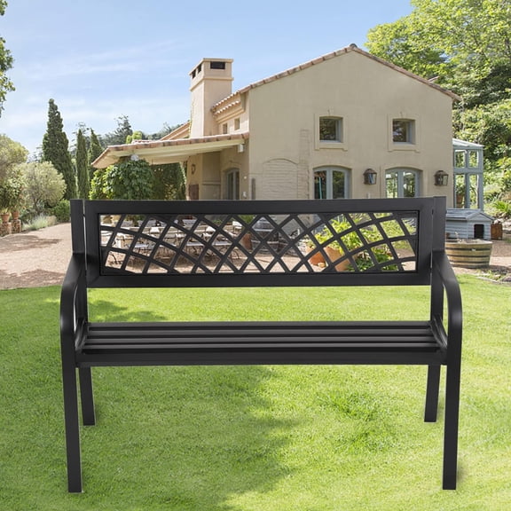 Patio Bench Park Bench Outdoor Bench Garden Bench Metal Pack Bench with Armrests 480lbs Cast Iron Sturdy Steel Frame Furniture Chair for Porch Entryway Lawn Decor Deck, Black