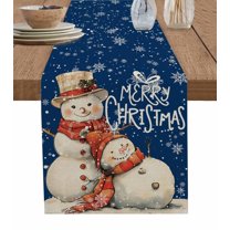 Blue Christmas Snowman Burlap-Cotton Table Runner 36 Inches Long,Vintage Xmas Snowflake Farmhouse Table Runners,Outdoor Dining Tablecloths Decor for Baby Shower/Party/Wedding 13x36