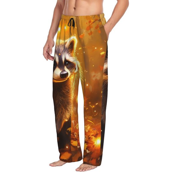 Mens Pajama Pants Bottoms with Pockets - Fall Raccoon Glowing Leaves Comfy Mens Pj Pants, Soft Men Lounge Pants