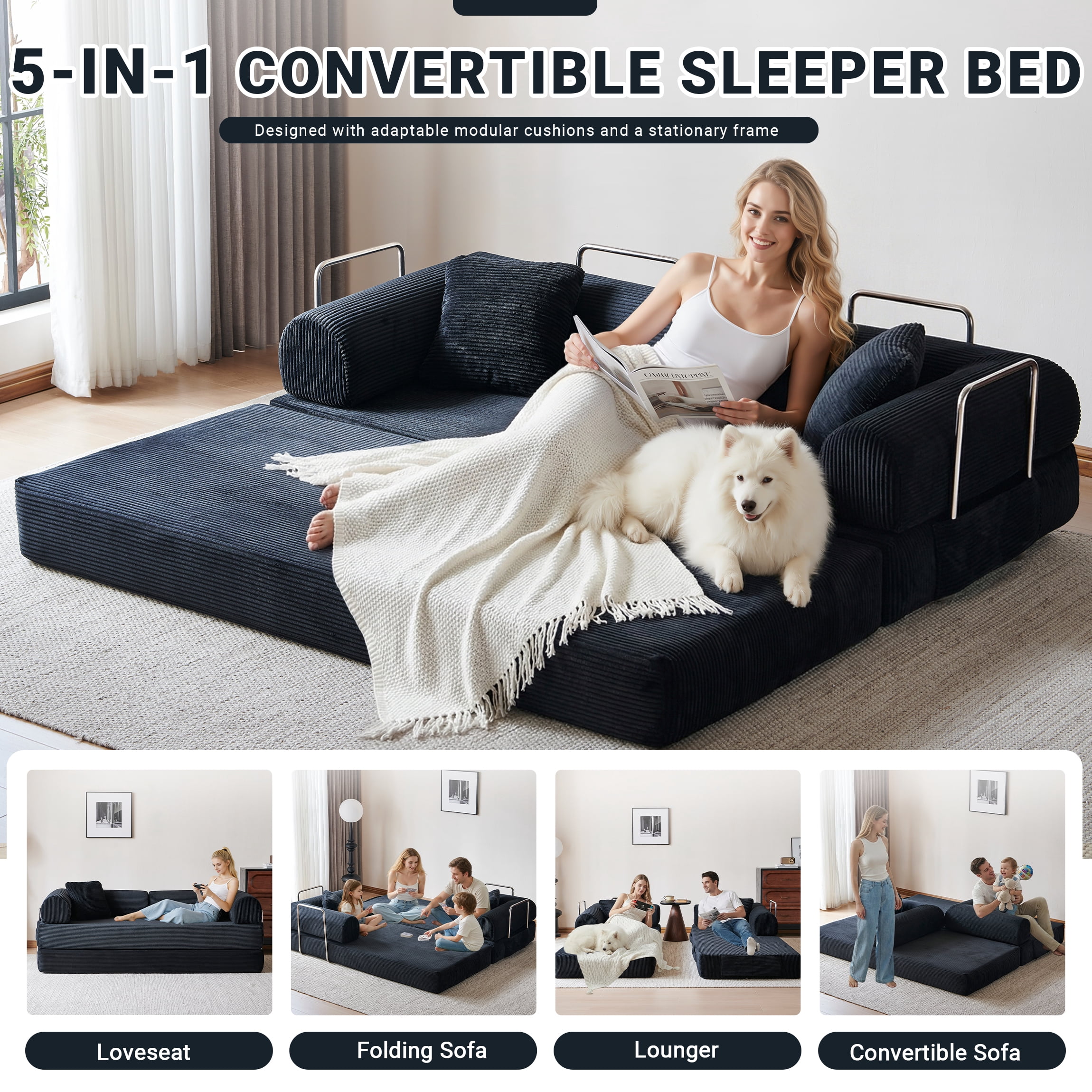 Vanress 78" Convertible Sofa Bed, Folding Sleeper Sofa Couch Bed with Fixed-Shape Frame, Pull-Out Sleeper Loveseat, Corduroy Boneless Futon Bed, No Assembly Required for Living Room & Bedroom, Black