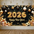 thumbnail image 3 of Gold Glitter Happy New Year Banner Christmas Balls 2026 New Year Display Pine Branches Gift Boxes New Year Backdrop for New Year Party Holiday Celebration Indoor Decoration, 3 of 9