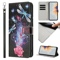 Compatible with Samsung Galaxy A35 Wallet Case for Women Girls, Garden Flower Pattern Design PU Leather Flip Cover with Card Holder Kickstand Wrist Strap Protective Case, Dragonfly