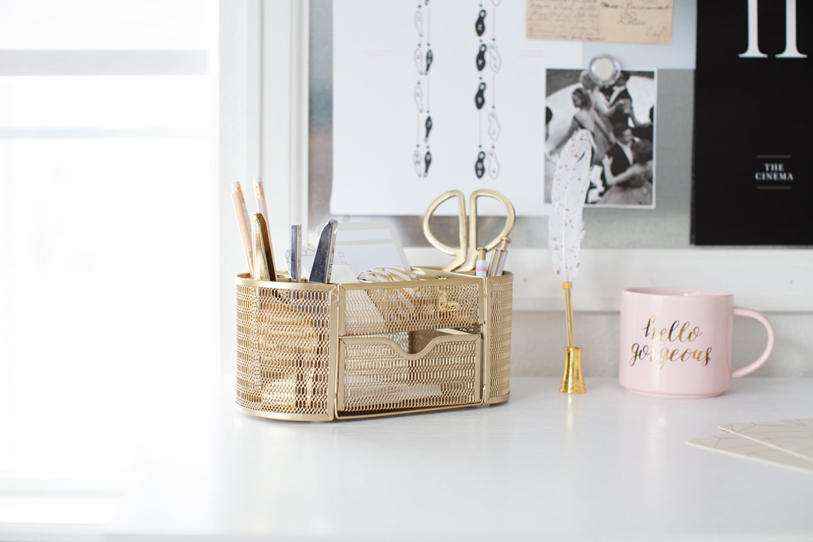 Blu Monaco Gold Desk Organizer with Drawer - for Home or Office