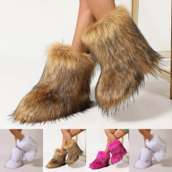 Lovzfmll Women's Faux fur Snow Boots, Furry Fluffy Ankle Boots, Round Toe Thick Sole Short Boots, Warm Fall Winter Booties, 5.5, Brown