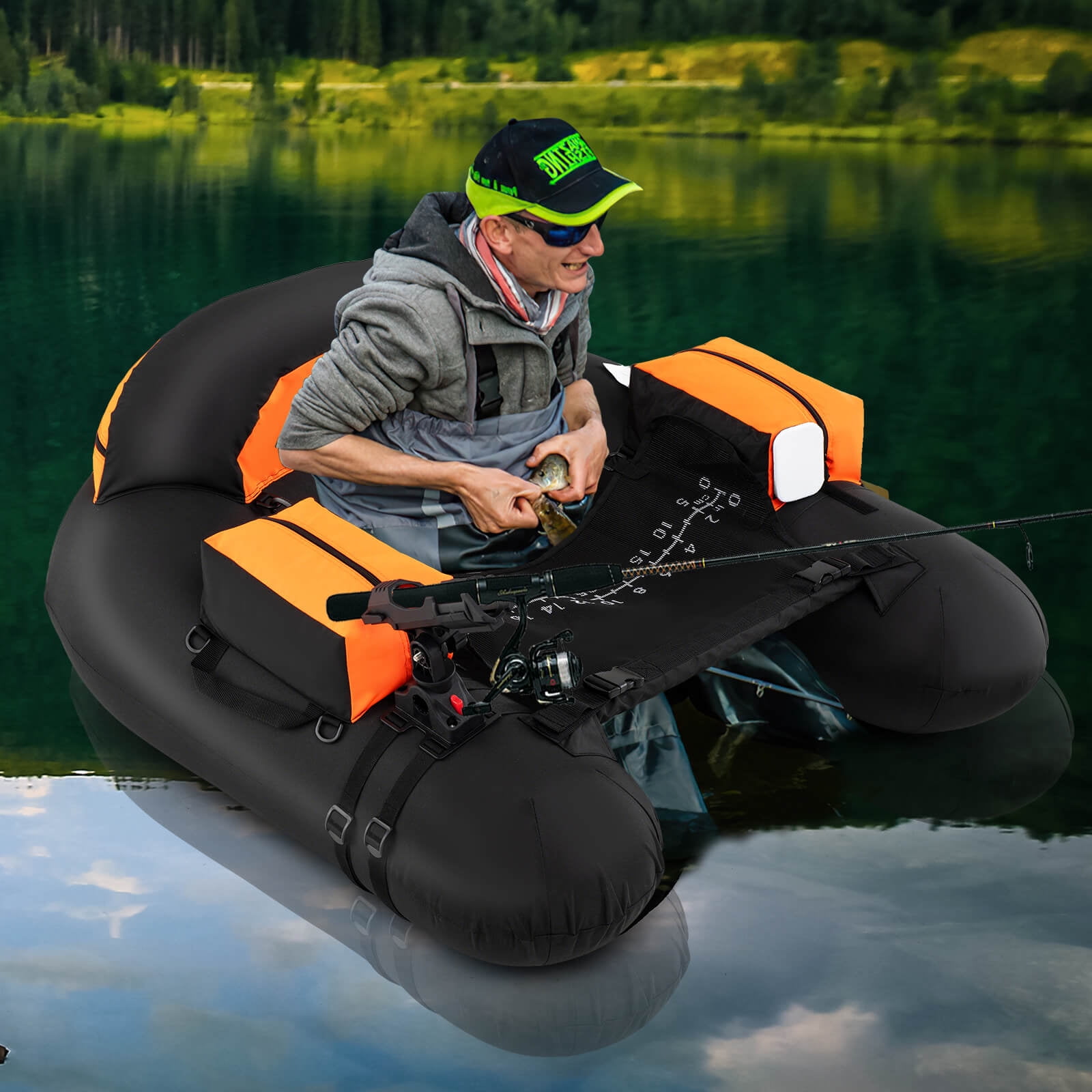 Costway Inflatable Float Tube with Adjustable Fishing Rod Holder Fish Hook Stator Flippers Orange