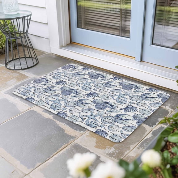 Coastal Blue Door Mat Indoor Outdoor, Ocean Starfish Retro Conch Summer Shell Non Slip Welcome Mat with Rubber Backing, Absorbent Fabric Front Door Mats Entryway Rug for Home Patio Entrance 18"x30"