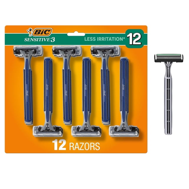 BIC Sensitive 3 Disposable Razors for Men With 3 Blades for Sensitive Skin, 12 Count Value Pack of Shaving Razors