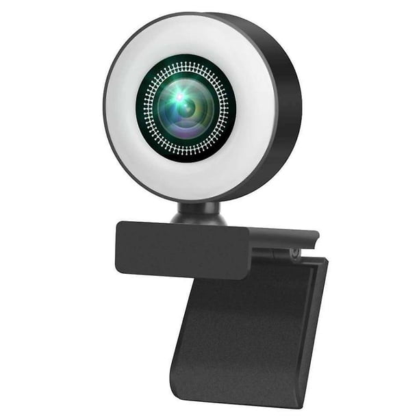 Cámara web para computadora con anillo de luz ajustable y micrófono con enfoque automático para reuniones y transmisión web.