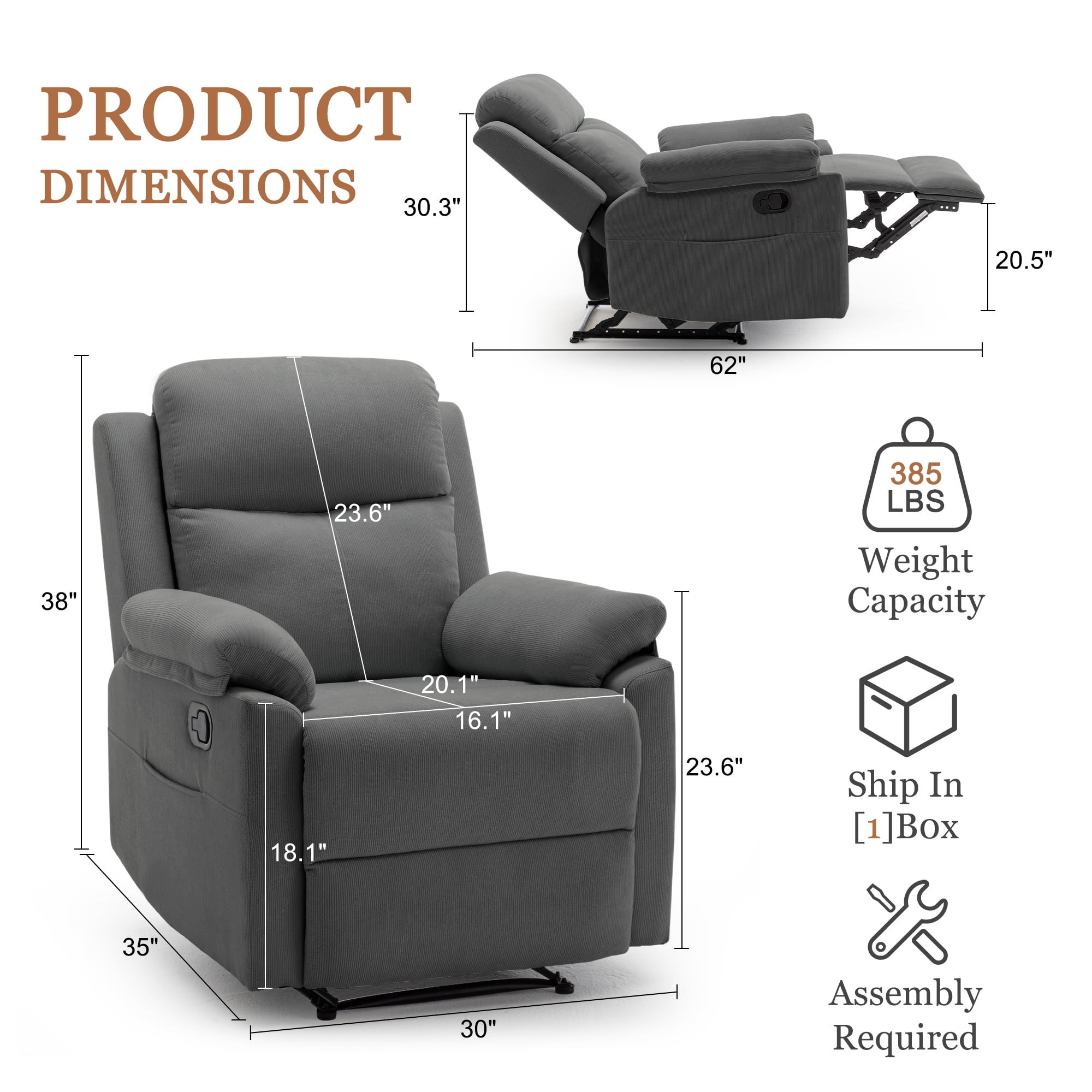 Korser Manual Small Recliner Chair for Small Spaces for Living Room,Corduroy,Grey